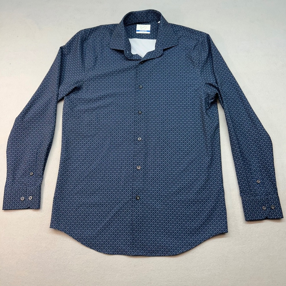 Bespoke New York Mens Slim Fit Wrinkle Free Shirt Navy Blue Geometric Print M